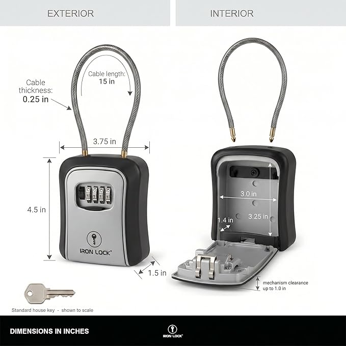 Iron Lock® Medium Key Lock Box with Code, 15-in Steel Cable Shackle (Grey) | Built-in key hooks + catch tray; hangs on handles, gates, fences or a hasp; wall-mountable; dial cover; no batteries