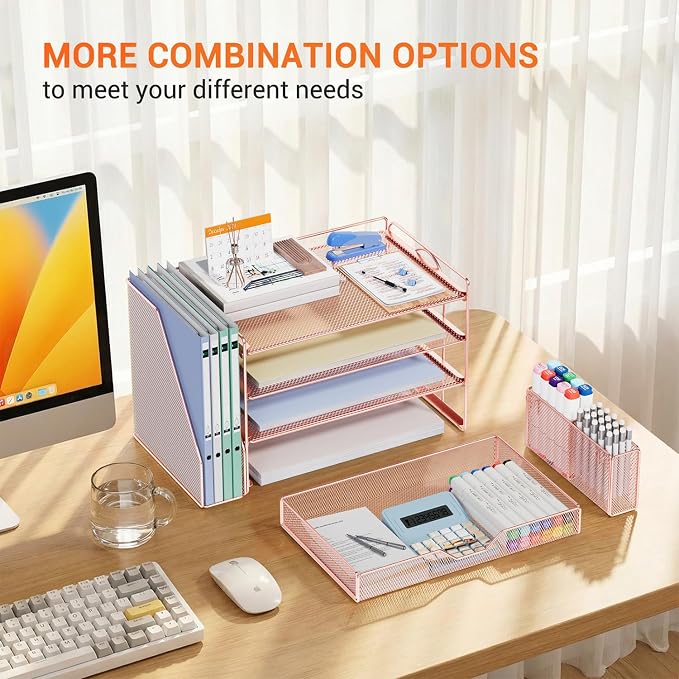 Desk Organizers and Accessories, 4-Tier Desktop File Organizer with Drawer and Pen Holders, Office Desk Accessories Workspace Organizers for Office Supplies (Rose Gold)