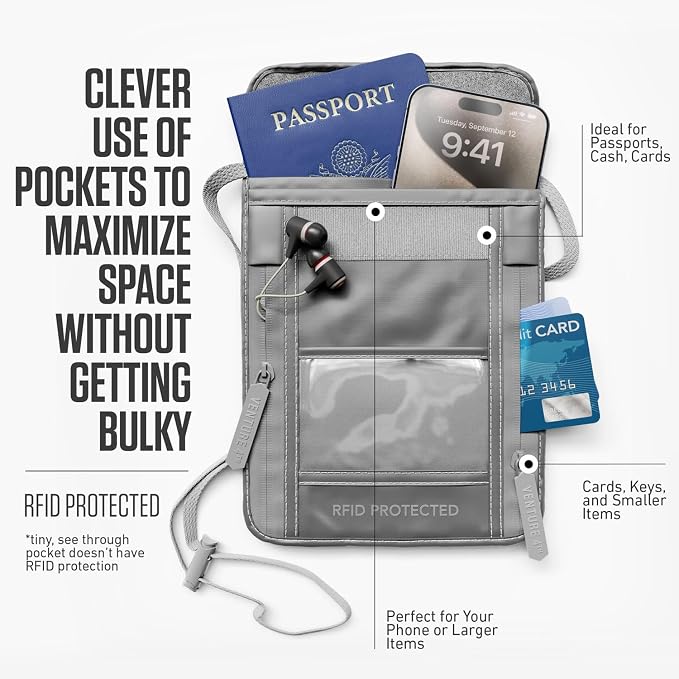 VENTURE 4TH Travel Neck Wallet, RFID Blocking Passport Holder -Sleek Silver