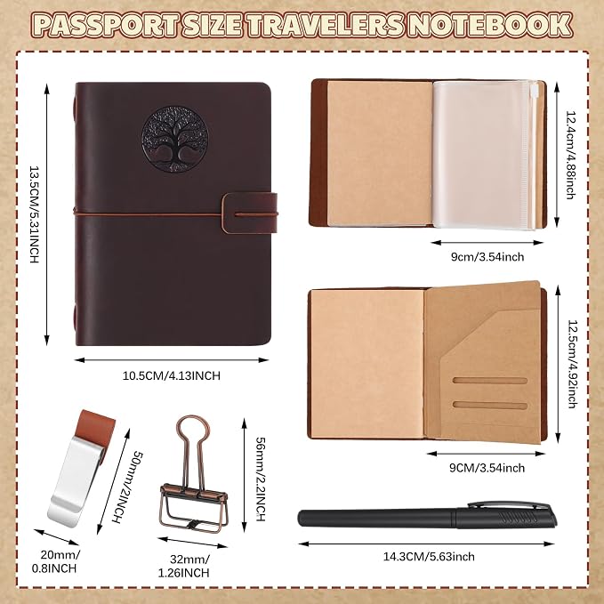 Thenshop Travel Tree of Life Notebook Passport Size Refillable Travelers Journal Leather Diary Book for Men and Women with 3 Notebook Inserts, Pen Holder, Binder Clip, Brown