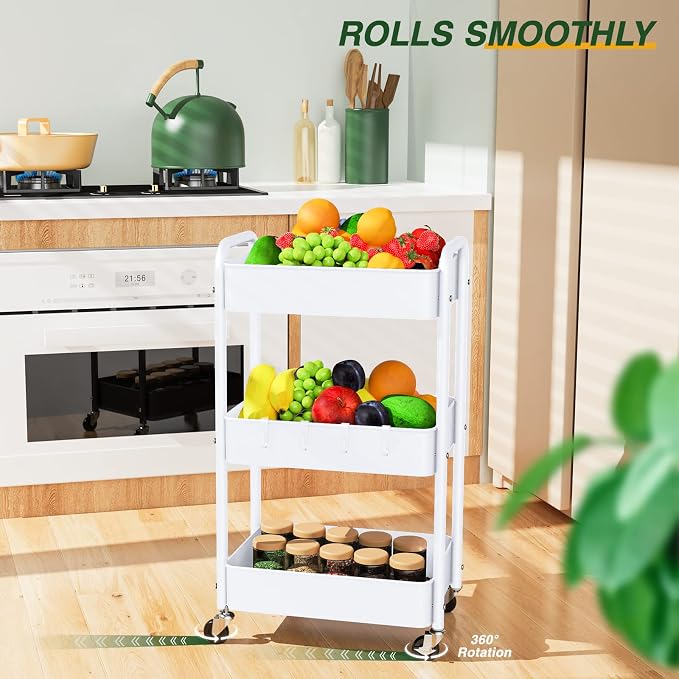 LEHOM 3 Tier Rolling Cart, Metal Rolling Utility Cart with Lockable Wheels | Multi-Functional Heavy Duty Storage Cart Organizer for Bathroom, Kitchen, Office, Living Room, Rolling Storage Trolley