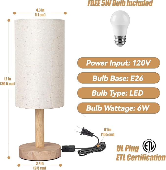 LALISU Small Table Lamp for Bedroom, Nightstand Lamp Linen Lampshade Bedroom Wood Base Small Bedside Lamp for Night Stands, Desk Lamps for Reading Living Room, Office (LED Bulb Included) (Wood Base)