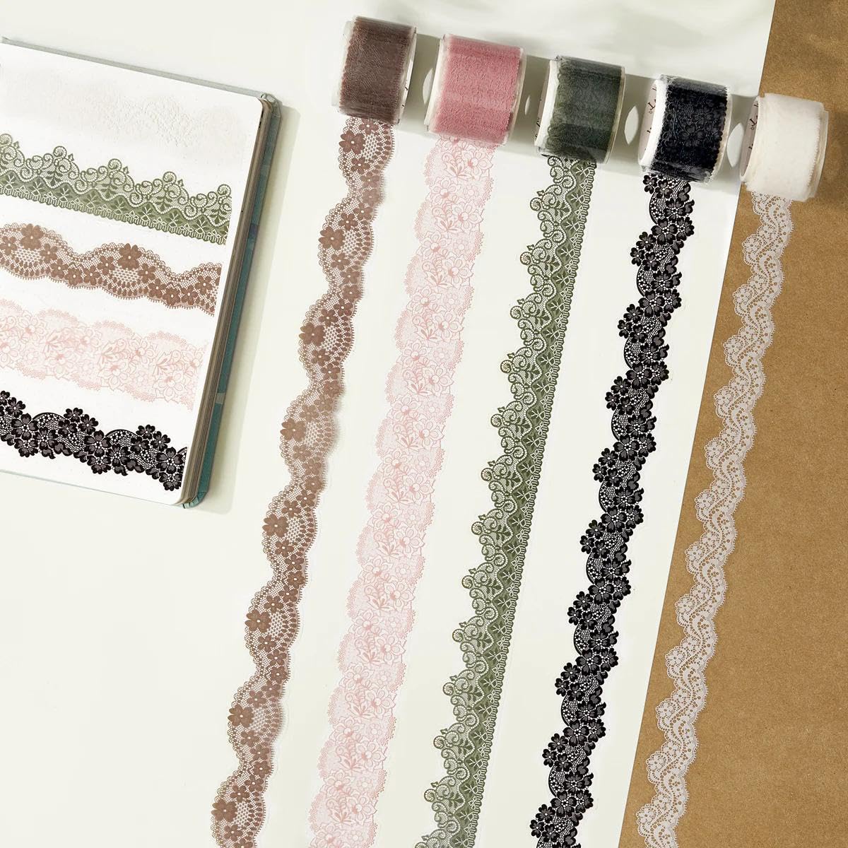 WT Baroque Lace PET Tape Sticker Set, Tape for Scrapbooking, Planners, Junk Journal or Bible Study, Colorful Artist Decorative Craft Tape, Cute Artist Tape (5 Rolls, Each 16.4FT)