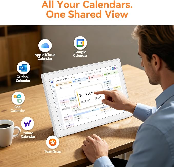 15.6" Smart Digital Calendar - No Subscription Family Hub with Calendar Sync, Meal Planner, Photo & Video Display, Touch Screen, Wall & Desk Mount, Gifts for Women Men (White)
