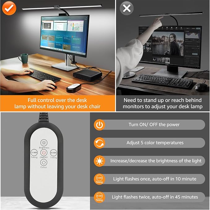 ShineTech LED Desk Lamp for Home Office, Ultra Bright Clamp Light with Flexible Gooseneck, 25 Lighting Modes, Eye-Caring Architect Lamp for Dual Monitors, Reading & Gaming Setup