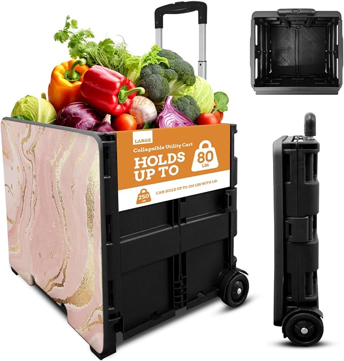 Collapsible Ultra-Slim Pack-N-Roll,2 Wheel Utility Cart w/Lid Used as Seat up to 250 Lbs, Telescopic Handle, Super Strong, for Home,Garden,Shopping,Office,School, Large, Pink Marble