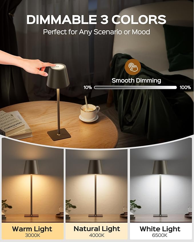 JACKYLED Cordless Lamp DIY Height, 3 Color Stepless Dimming, 5000 Capacity Operated Lamp Portable Rechargeable for Bedroom Dinning Kitchen, Golden Bronze, 2 Pack