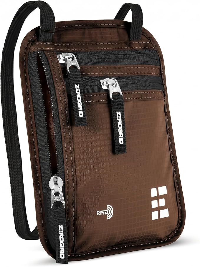 Zero Grid RFID Travel Neck Wallet, Large Passport Holder, Brown | Slim & Concealable Travel Pouch for Men & Women; Holds Phone, Cash, Cards, Keys, Waterproof; 4 compartments; Adjustable Strap