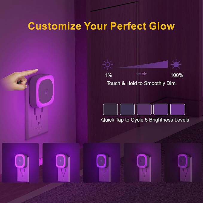 YUNLEX 2 Pack Plug in Night Light with Motion Sensor & Dusk to Dawn Sensor, 3 Sensor Modes, Purple Lights Plug into Wall, Dimmable Calming Glow for Meditation, Relaxation, Bathroom