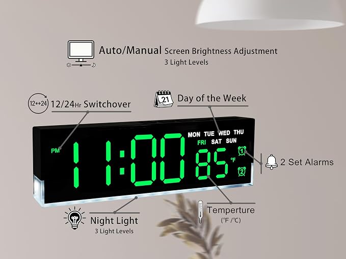 zyzamay 7-Inch Modern LED Digital Alarm Clock with Dual Alarms & Soft Bottom Light｜Displays Time, Date, Day, Temperature ｜3-Level Auto/Manual Brightness, DST, USB or Battery Powered Desk Clock,Green