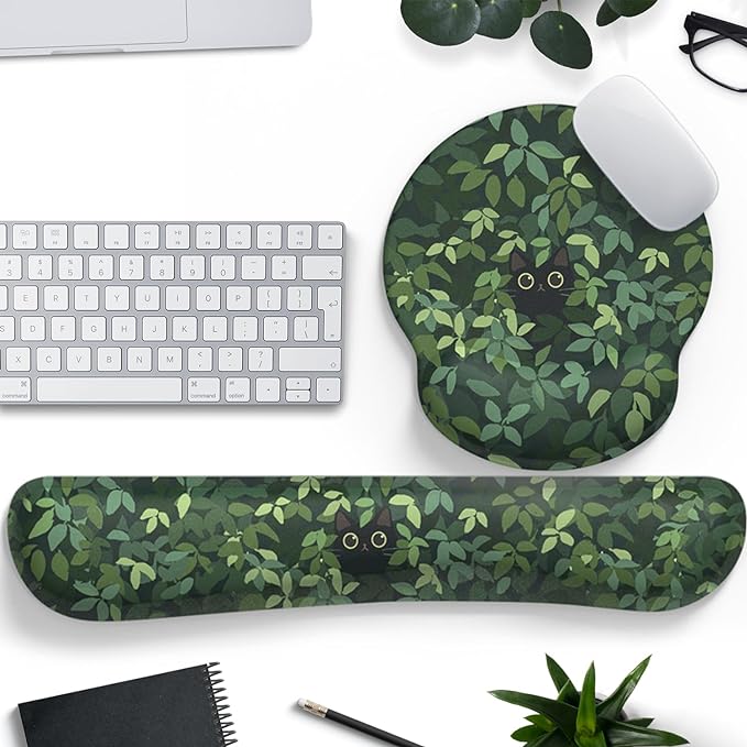 Cute Ergonomic Green Mouse Pad Cat Wrist Support,[ 20% Larger] Wrist Rest Gel Anime Kawaii 3D Green Office Plants Mouse Pads, Keyboards Silicon Wrist Pad,Pain Relief,Game Work Study Home Office.