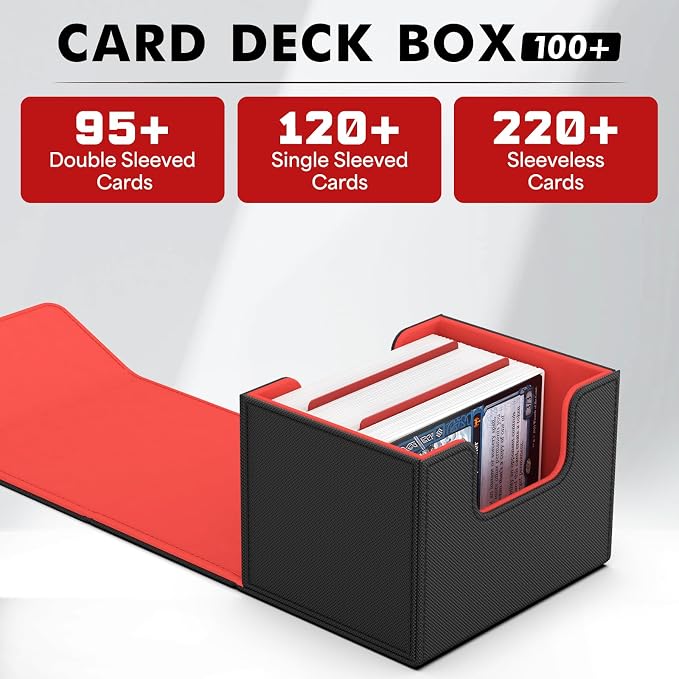 ZLCA Card Deck Box for Trading Cards, MTG Commander Deck Box Holds 120+ Single Sleeved Cards, Leather Magnetic Card Storage Box Fits for Magic the Gathering TCG CCG (Black& Red)