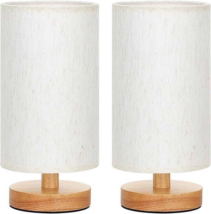 Small Lamps Set of 2 (Cream Shade - Wood Base, 9" Inline Control) | Two 3000K LED Blubs Included | 680 Lumens | Easy Assembly | Minimalist Design | E26 | for Kitchen | for Kids Room