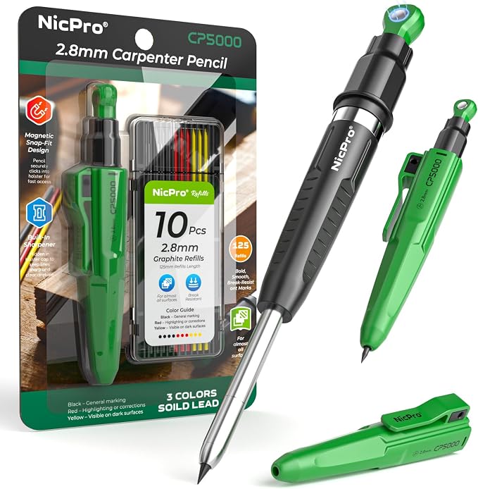 Nicpro CP5000 Magnetic Carpenter Pencils with Sharpener & Holster, 1 Pack | 2.8mm Construction Pencil+10 Refill, 7-in-1 Deep Hole Marker for Construction, Woodworking Pencil with Magnet Pickup Cap