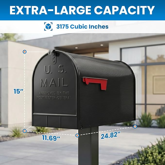Plexon Jumbo Size Rural Mailbox, 3175 cu-in Capacity, Galvanized Steel, Powder-Coated, 15 in. H x 11.69 in. W x 24.82 in. L, Black, Extra Large