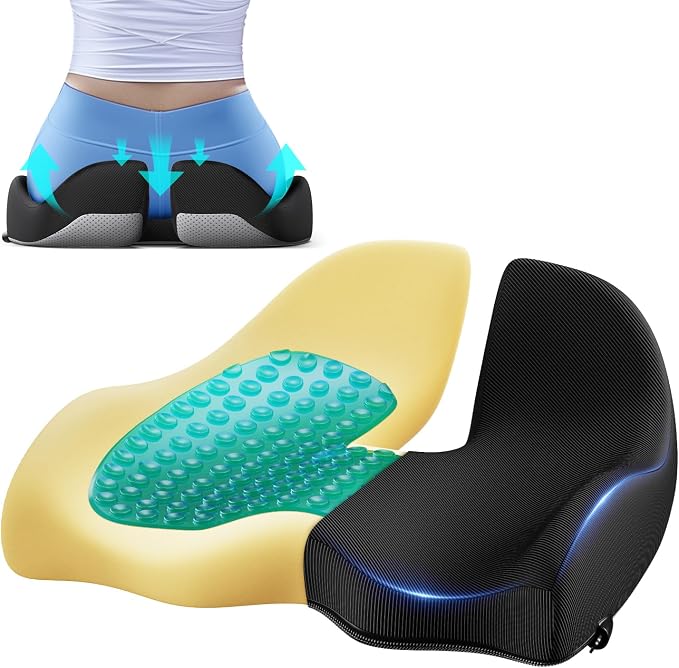 Benazcap Large Cooling Gel Memory Foam Seat Cushion for Long Sitting | Ergonomic cushion. Relieves sciatica, tailbone & lower back pain, great for office work, gaming and long-distance car travel.