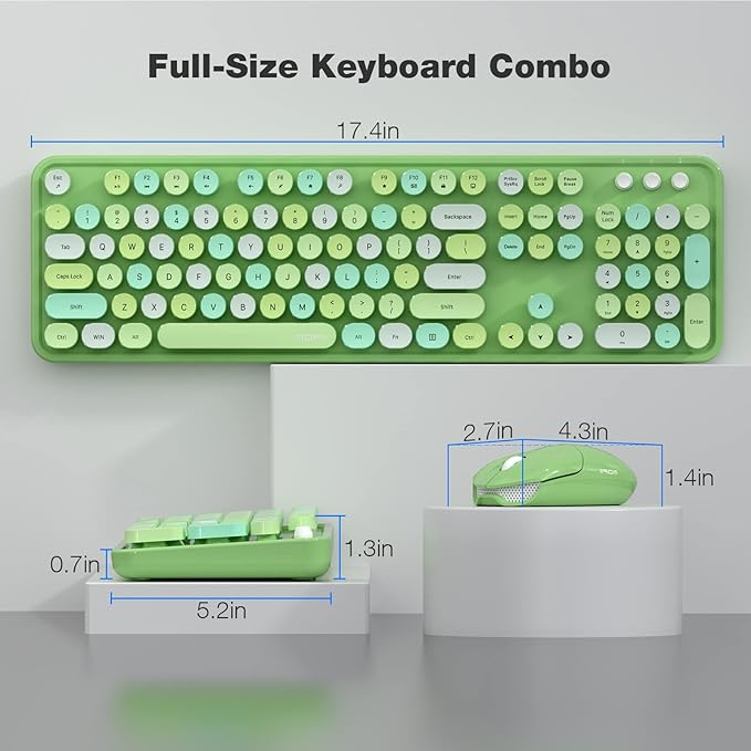 MOFII Wireless Keyboard and Mouse Combo, 2.4GHz Retro Full Size Typewriter Keyboard with Number Pad & Wireless Mouse for Laptop, PC, Desktop, Mac, Windows - Green Colorful