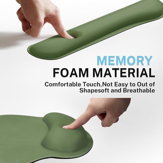 Ergonomic Mouse Pad Set with Wrist Rest, Green | Non-Slip Rubber Base Wrist Cushion Support and Coasters Mousepad with Wrist Support for Computer Keyboard