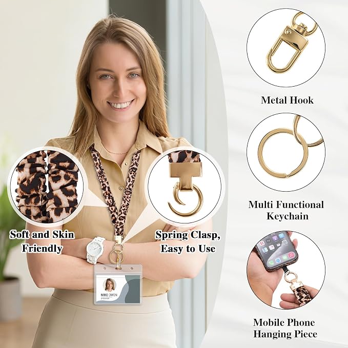 Scrunchie Lanyard for ID Badges & Keychain, Teacher Lanyards Leopard Print | Stretchy lanyard, retractable card access, 2 waterproof holders, phone tab and metal clip, soft for daily wear