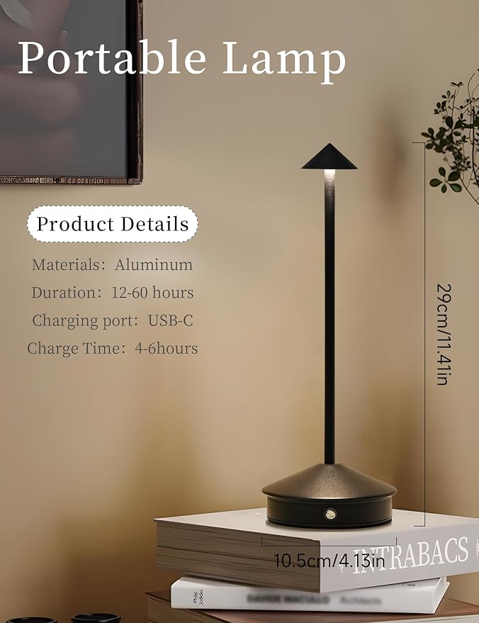 LED Rechargeable Cordless Table Lamps Black | 2 Pcs Portable Modern USB Battery Operated Lights,Waterproof Touch Dimmable Desk Lamp,for Patio,Restaurant,Bar,Dining Home