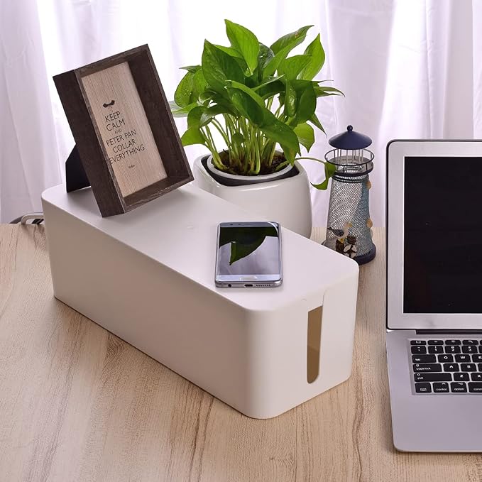 Cable Management Box, Large Cord Organizer Box to Hide Power Strip & Under Desk,TV Computer Wires Cable Organizer Hider Box with Cable Clips&Reusable Cable Ties for Home/Office(White)