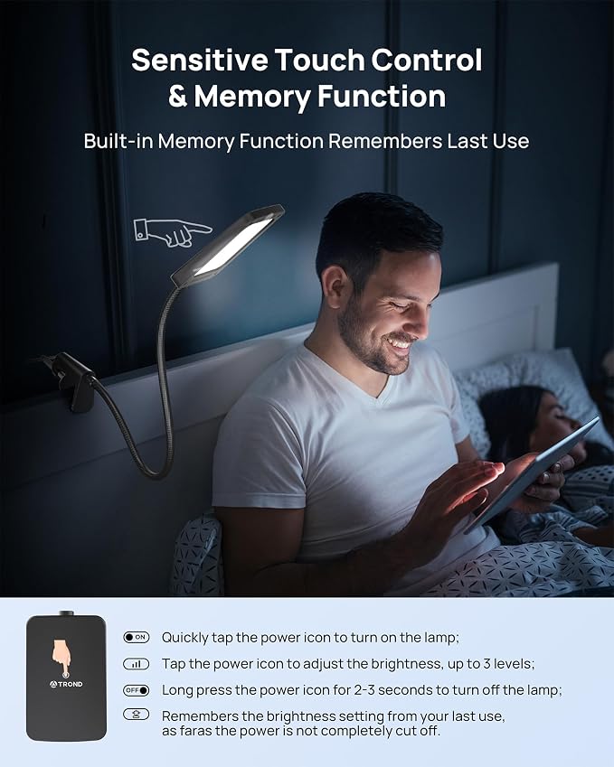 TROND LED Desk Lamp with Clamp, 6000K Daylight, Flexible Gooseneck on Light | 1000LM Super Bright 3-Level Dimmable Desk Light Extra-Long, Eye-Care Clamp Lamp for Painting, Workbench,Reading