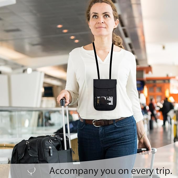 RFID Blocking Travel Neck Wallet Pouch and Passport Holder, Travel Neck Pouch Passport Holder for Women & Men - Black