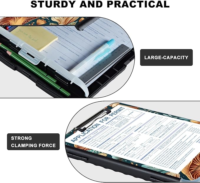 Clipboard with Storage,Storage Clipboard with Pen Holder,Heavy Duty Plastic Storage Clipboard with Low Profile Clip,Teacher Must Haves,Clipboard Folder,Office Supplies,Mushroom -1354