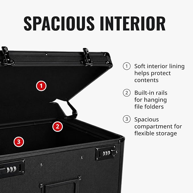 Vaultz Locking Mobile File Chest, Letter/Legal Size Storage Box, Black | Rolling filing chest storage for letter and legal size files, secure lock, compact 17.5x15.5x14.5 in black footprint