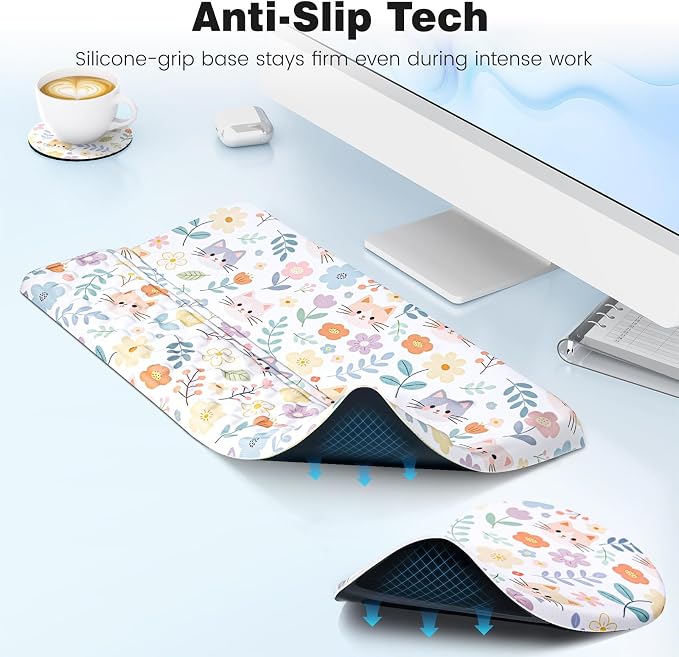 Ospelelf Keyboard Wrist Rest and Mouse Pad Set, Ergonomic Memory Foam Wrist Support, Aesthetic Desk Accessories for Office, Home & Gaming, Relief for Carpal Tunnel & Wrist Pain,Floral Cat
