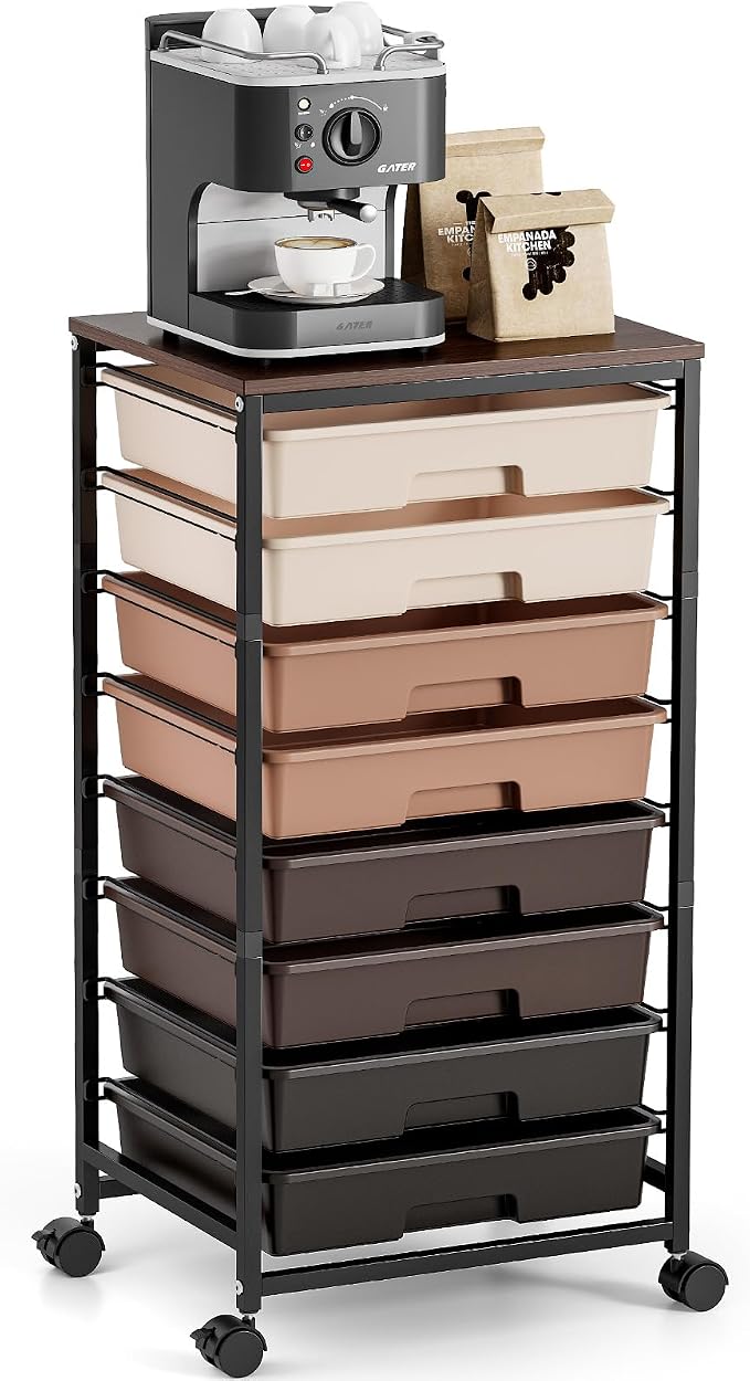 TOOLF Rolling Storage Cart with 8 Drawers,Brown | Utility Cart on Wheels with Wooden Tabletop,Teacher Organization for Classroom, Art Cart for Office,Bedroom,Craft Room