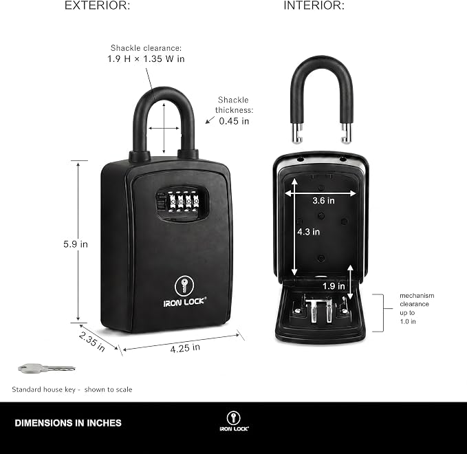 Iron Lock® XXL Portable Key Lock Box, U-Shackle 4-Digit Code (XXL, Black) | Holds 20-30 keys plus fobs, cards & remotes; unique built-in tray; weather resistant; wall-mount hardware included