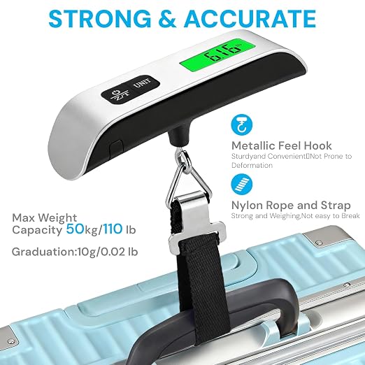 Digital Luggage Scale, Backlit LCD, 110 Pounds | digital sensor scale with 4-unit switching for accurate weighing of luggage, backpacks, and packages while traveling