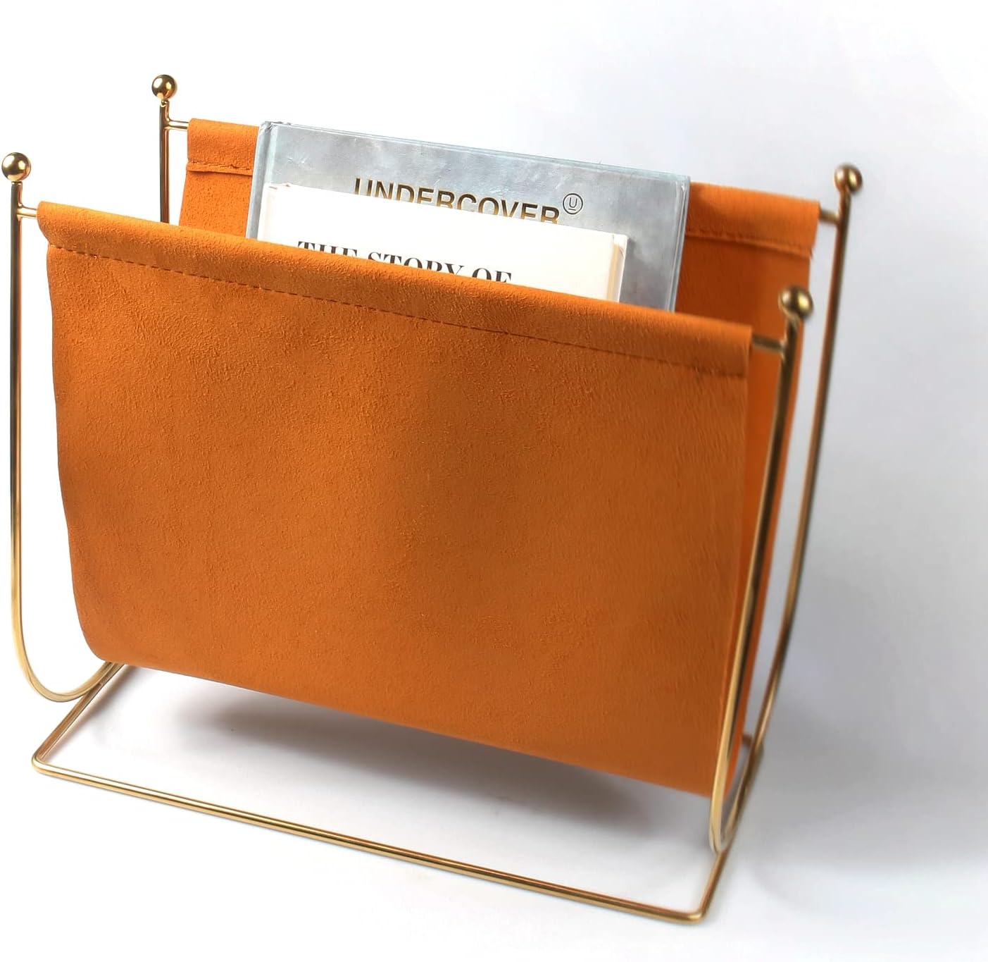 Plated Metal Wire and Suede Leather Magazine Holder Rack, Standing Rack for Magazines, Books, Newspapers, Home Staging Decoration