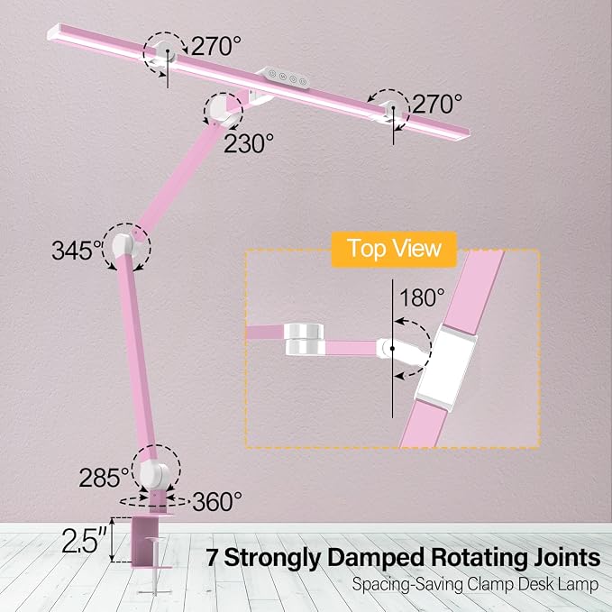 Architect Desk Lamp for Home Office, Pink Desk Lamp with Clamp for Working, 24W Bright Rotatable Led Table Light Stepless Dimming Tempering Wide Computer Light for Crafting Puzzle Hobby