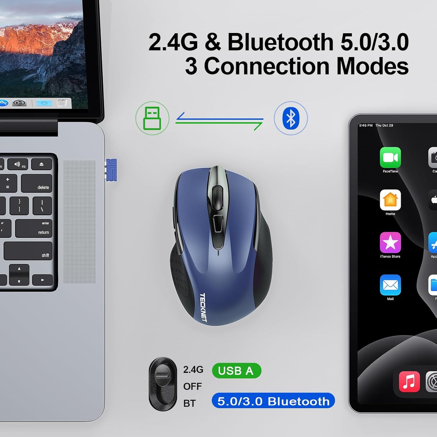 TECKNET Wireless Mouse (BT5.0/3.0 & 2.4G) Rechargeable 4800 DPI Silent USB A & Bluetooth Mouse 6 Buttons, Wide Compatibility - Blue