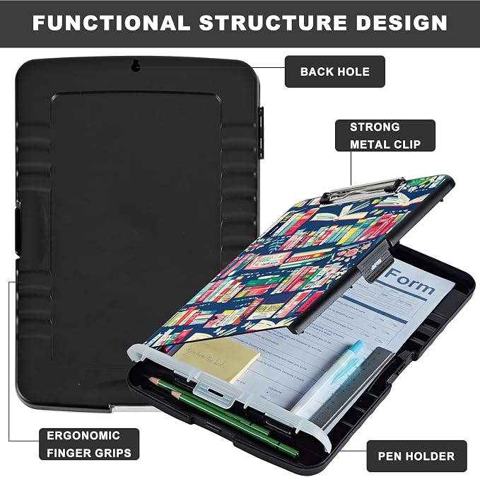 Clipboard with Storage,Storage Clipboard with Pen Holder,Heavy Duty Plastic Storage Clipboard with Low Profile Clip,Teacher Must Haves,Clipboard Folder,Office Supplies,Books -1353