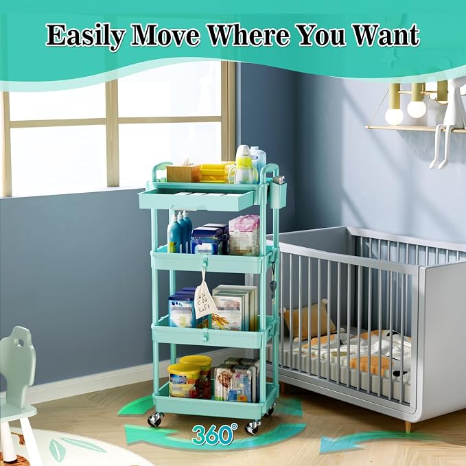 SUNALLY 4 Tier Rolling Cart with Drawer, Craft Storage Cart Organizer, Blue | Bathroom Storage Organizer with 2 Lockable Wheels, Rolling Utility Cart for Kitchen, Office, Baby, Makeup, Nail,Snack,Laundry