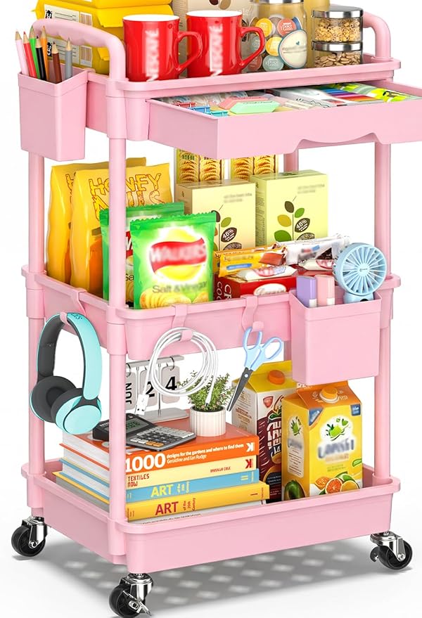 SUNALLY 3 Tier Rolling Cart with Drawer, Craft Storage Cart Organizer, Pink | Bathroom Storage Organizer with 2 Lockable Wheels, Rolling Utility Cart for Kitchen, Office, Baby, Makeup, Nail,Snack,Laundry