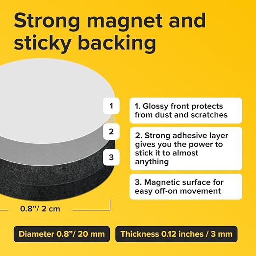 Sticky Flexible Adhesive Magnets for Crafts, 0.8"x0.12" (20x3mm), 27 pcs | Flexible Sticky Magnetic Dots for Office & School Supplies, Whiteboard, Crafts, Fridge, School Projects & Classroom Decor