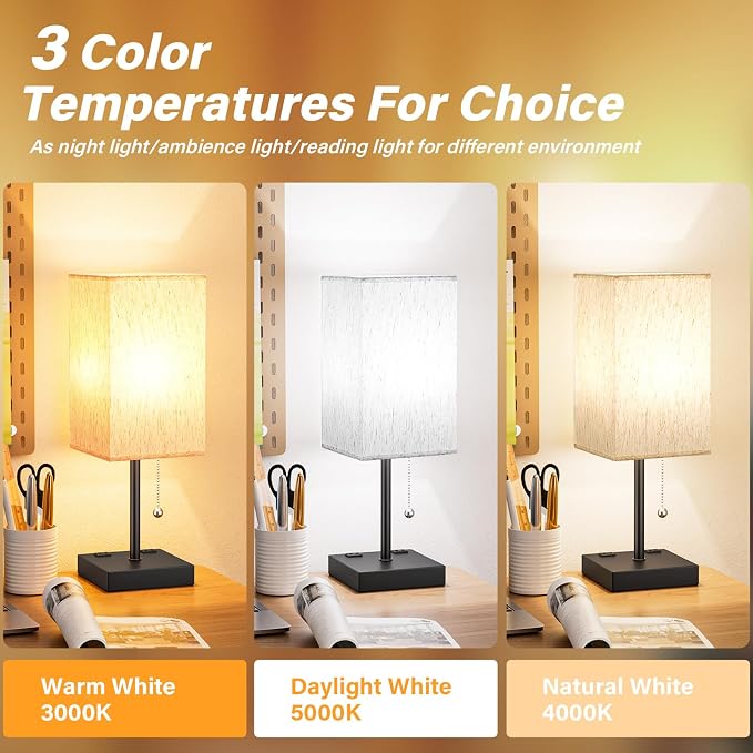 Bedside Lamp for Bedroom - 3 Color Temperatures, USB A+C, 2 AC Outlets | Pull Chain Switch, LED Bulb Included, Cream Fabric Shade, 17.4" Table Lamp for Nightstand, Desk, Living Room, Office