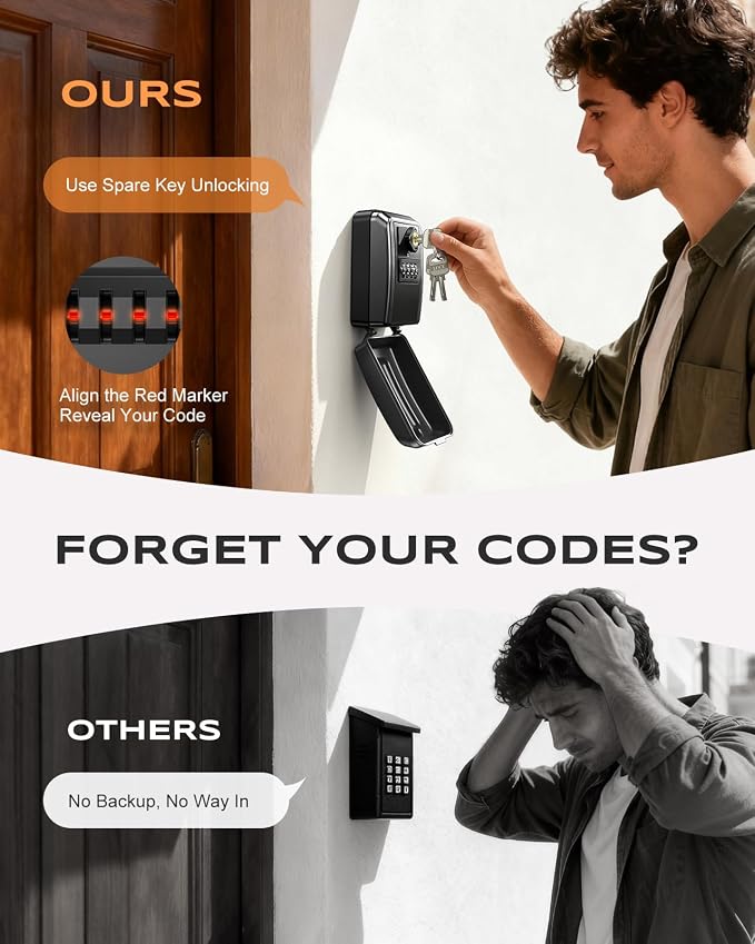 Wall-Mounted Lock Box for Keys with Code, Large Capacity 4 Digits Combination Key Lock Box with Resettable Spare Key, Weatherproof Key Safe Storage Lockbox for Home, Apartment, Office, Black