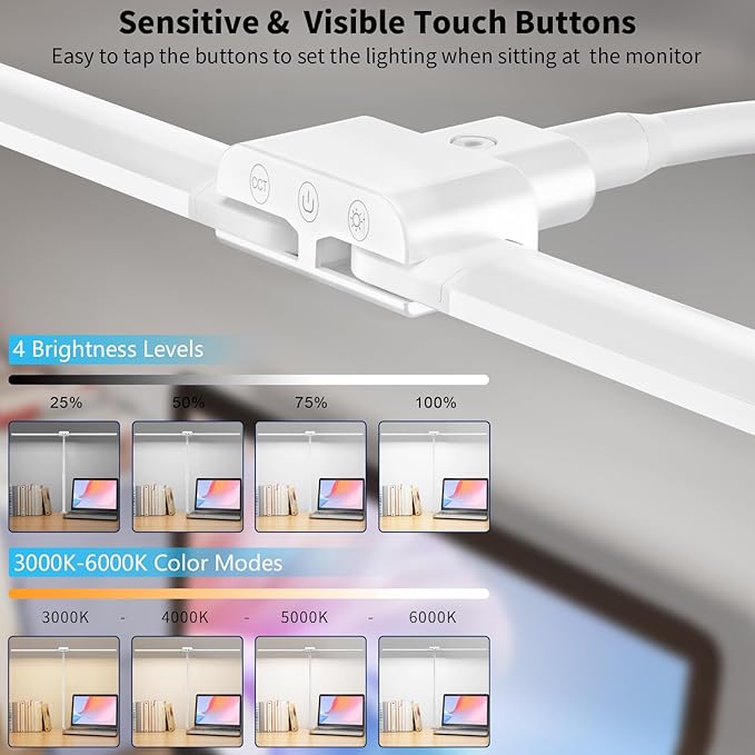 LED Desk Lamp with Clamp, Double Head for Dual Screen, 4 Color Modes,White | Eye-Caring 1200LM Desk Lights for Home Office Monitor Computer Workbench,3000-6000K Dimmanle Table Lamp Memory & 30-Min Timer
