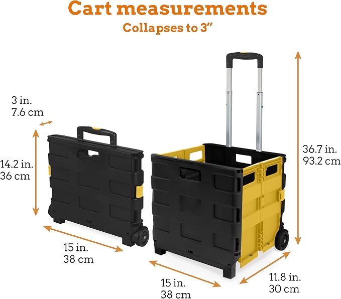 Ultra-Slim Rolling Collapsible Storage Pack-N-Roll Utility-carts, with Telescopic Handle, for Home, Garden, Shopping, Office, School use, Medium, Yellow & Black