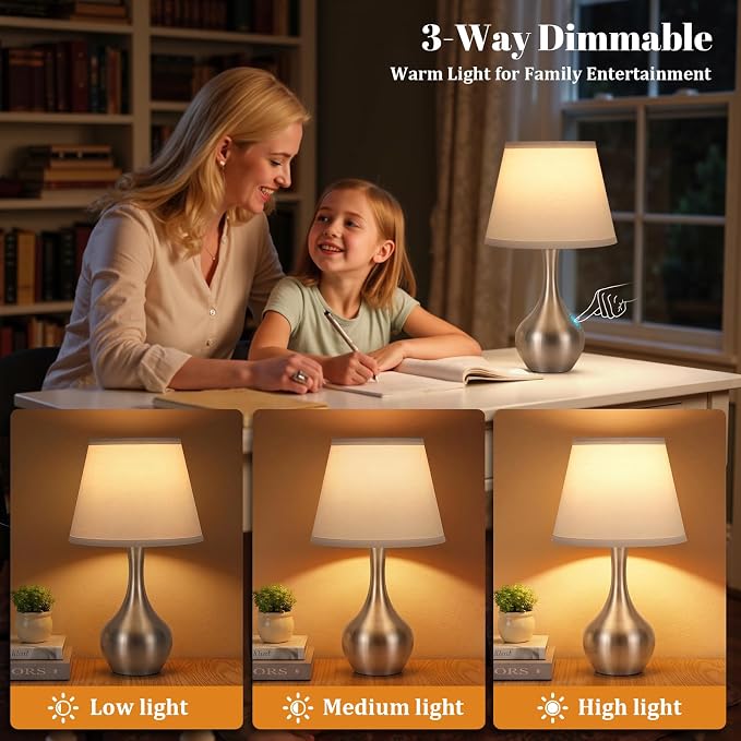 16.1" Touch Table Lamp for Nightstand, 3 Way Dimmable Small Bedroom Lamp | Touch Control, Bulb Included, Silver Bedside Lamps for Desk, Night Stands, Living Room, End Table, Corded