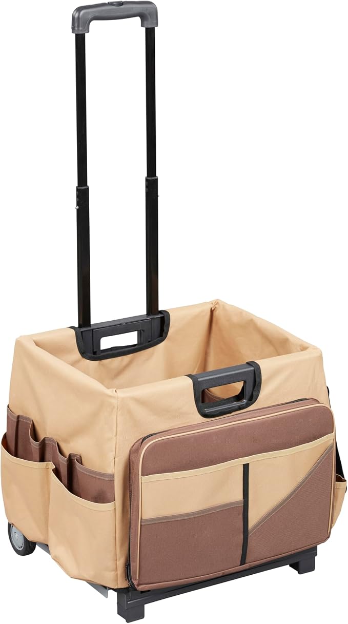 ECR4Kids Universal Rolling Cart with Canvas Organizer Bag, Mobile Storage, Dark Grey/Grey | Durable plastic, 30 compartments, adjustable handle, 40 lb capacity, collapses to 3" thick, rolling wheels for easy transport