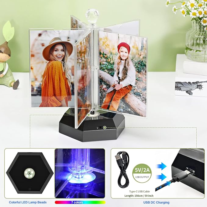 ZEEYUAN Auto-Rotating 4x6 Photo Frame Acrylic Picture Frame with Night Lighting/Multiple Picture Frame to Display 10 Photos,4x6 Family Photo Frame Collage for Desktop