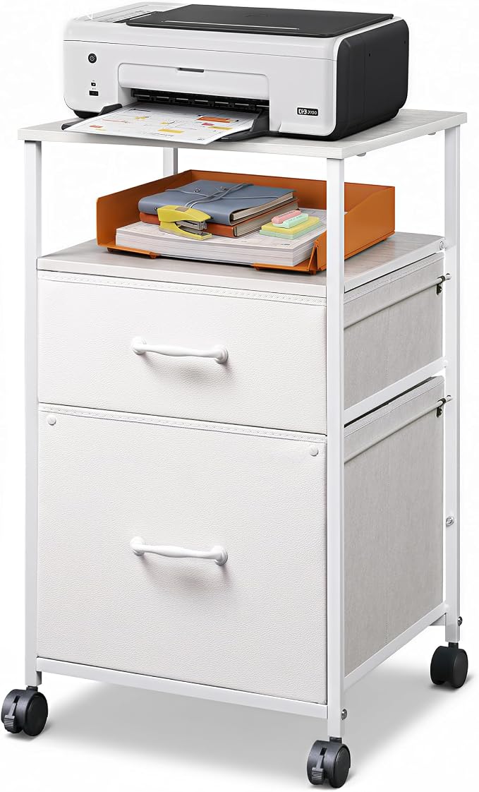 DEVAISE 2 Drawer Fabric Vertical Filing Cabinet, Rolling Printer Stand, White | Rolling Printer Stand, Fabric Vertical Filing Cabinet fits A4 or Letter Size for Home Office, White