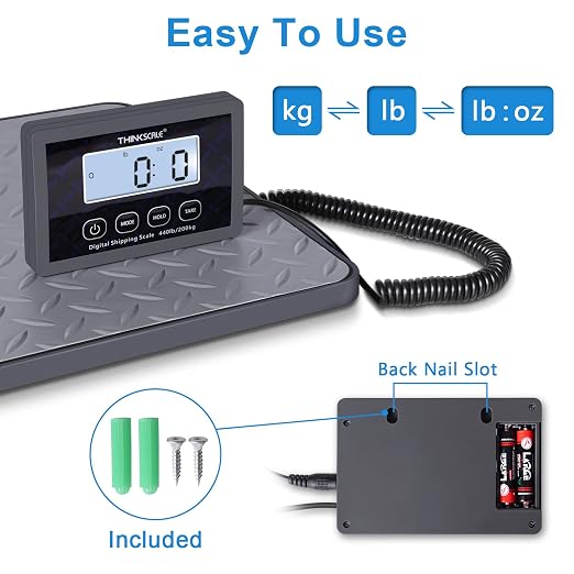 THINKSCALE Shipping Scale, 440 lb x 1 oz Digital Postal Scale, Hold & Tare | Non-Slip Rubber Platform, Bright Backlit LCD, Package, Luggage, Mailing & Postage Scale, AC Adapter & Batteries Included