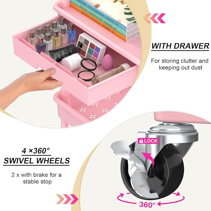 Goovilla 4 Tier Rolling Utility Cart Organizer with Removable Drawer, Pink | Stable and Sturdy Rolling Storage Carts with 2 Lockable Wheels for Bathroom, Kitchen, Snack, Craft, Makeup, Baby Essentials
